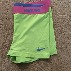 Nike Pro Lime Green Spandex Shorts with Pink Waistband